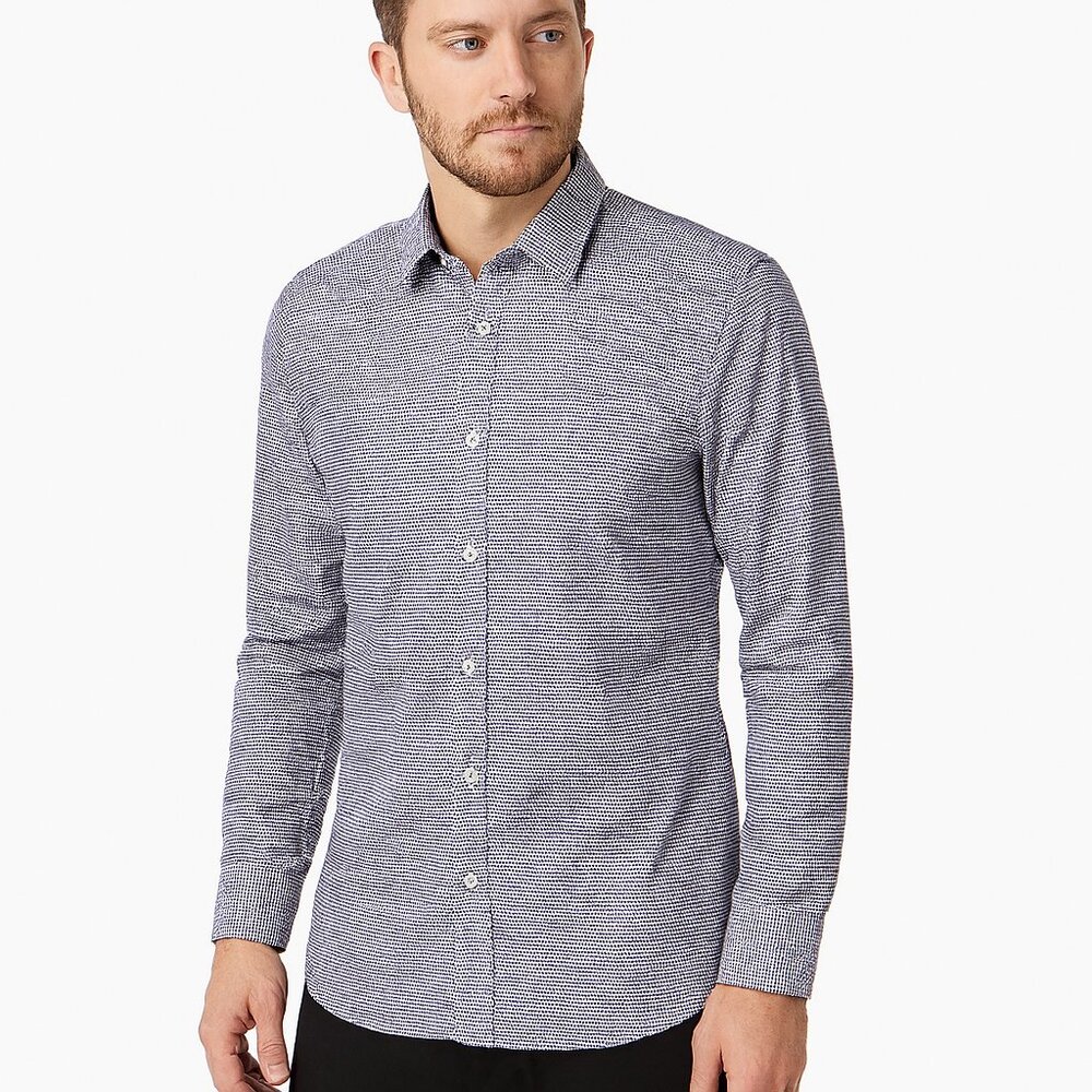 Ted Baker Endurance Blue White Geometric Button Down Long Sleeve Slim Shirt